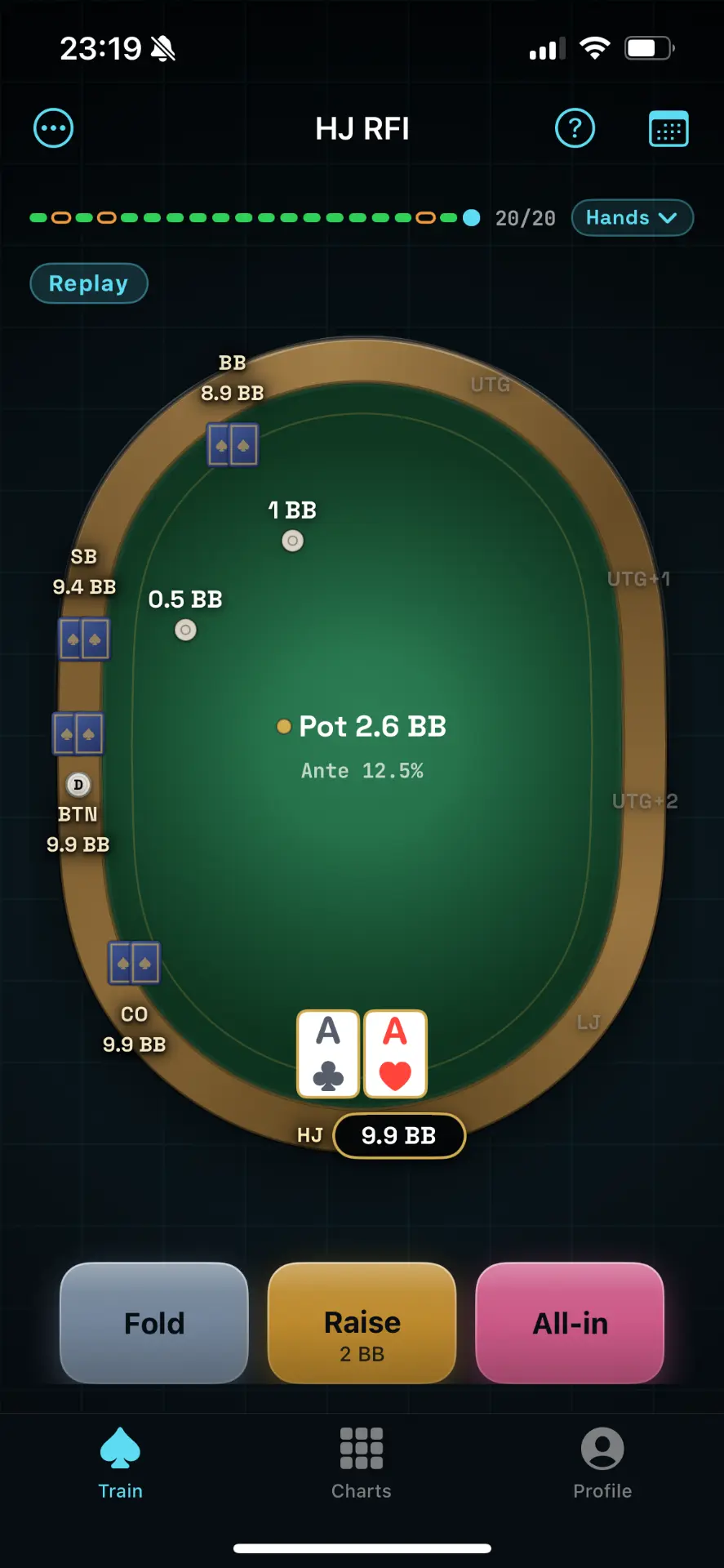 GT_O daily training screen showing pocket aces and preflop choices